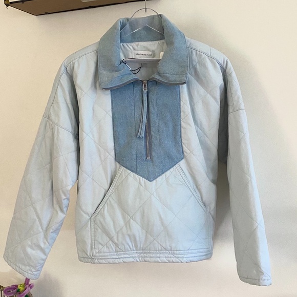 🪞NWT quilted quarter zip collar long sleeve jacket denim blue by something navy - Picture 4 of 4